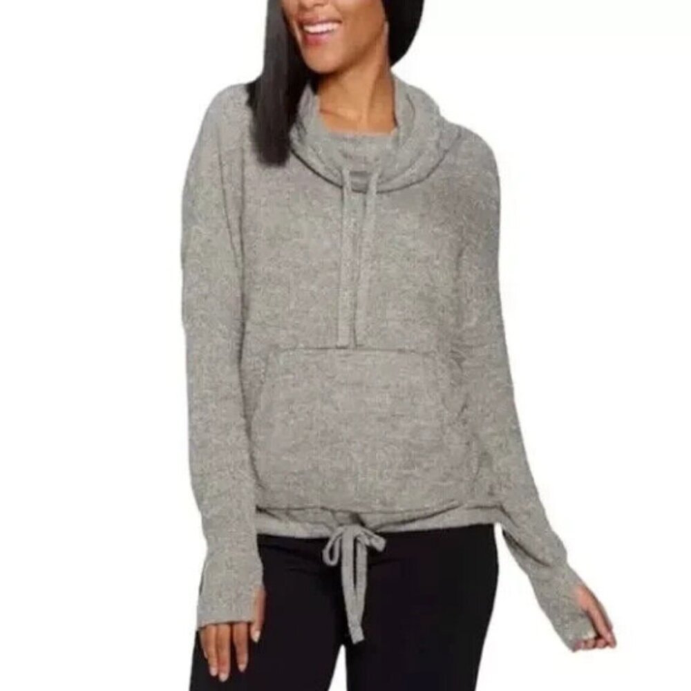 Barefoot Dreams CozyChic Funnel Neck Hoodie Cowl Pebble Beach 906 Gray Large